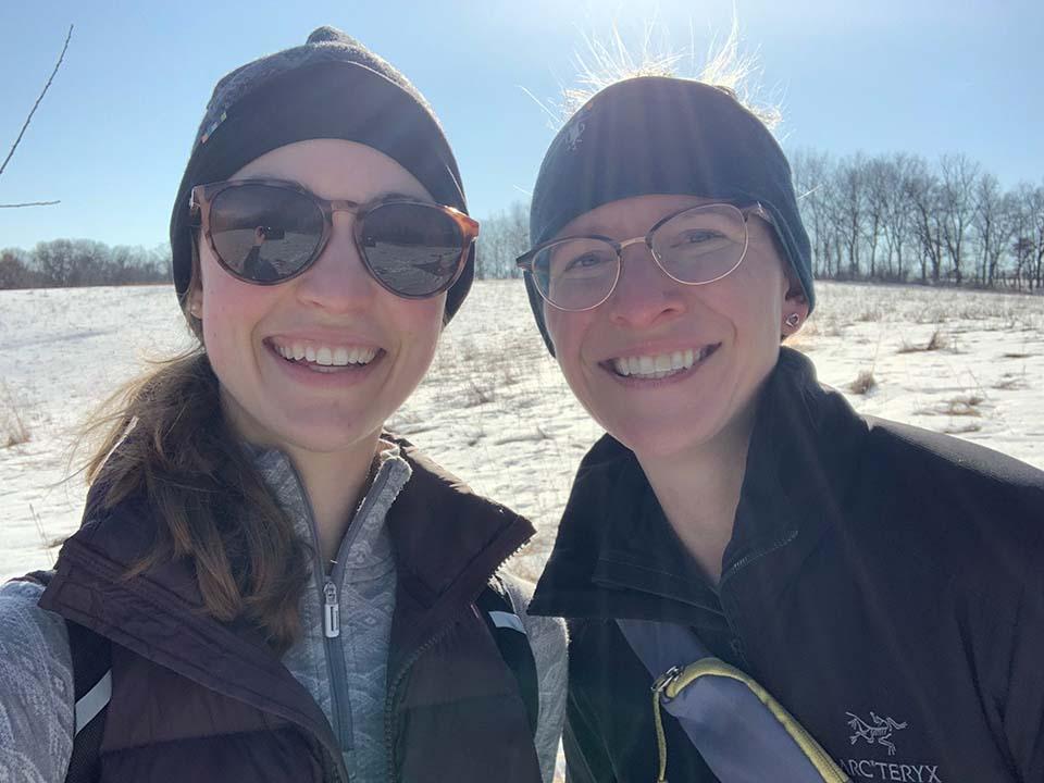 Residents Elizabeth and Jessica on a winter hike at Whitewater State Park in Altura, MN.