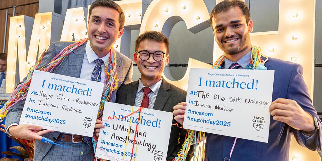 Three medical students show off their matches at Mayo Clinic on Match Day 2025