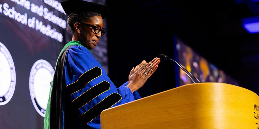 Dr. Comfere speaks at 2026 Mayo Clinic Commencement in Rochester, Minnesota.