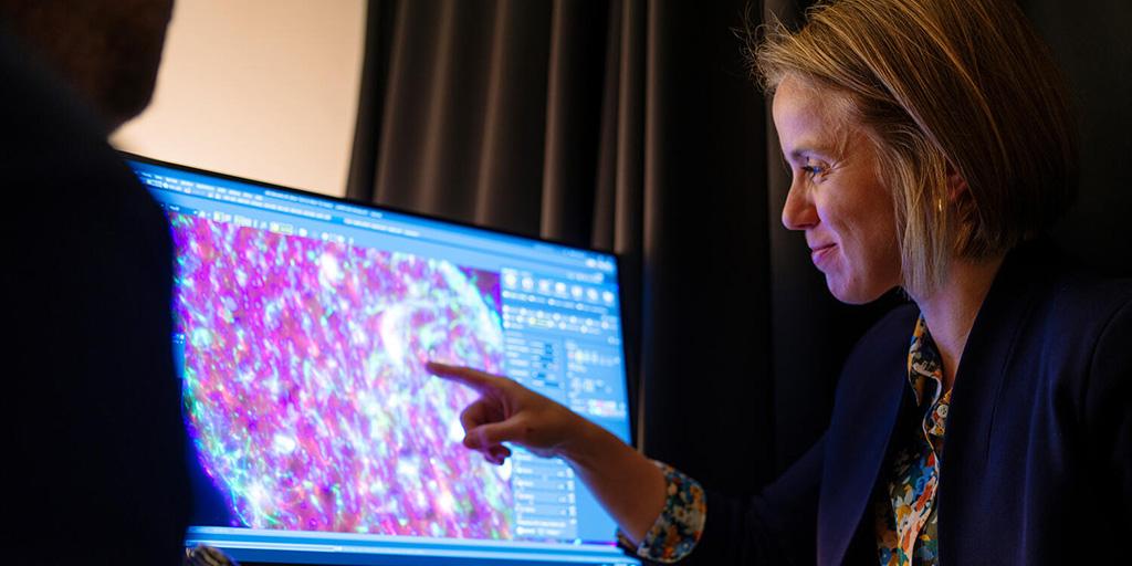 Marissa Schafer, Ph.D., views a microscopic brain image from a fluorescent microscope on a screen with a member of her research staff.