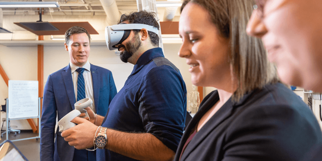 Students working with virtual reality goggles