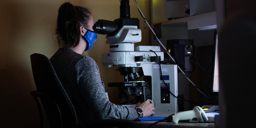 Cytopathology technician looks at a specimen through a microscope in a dark lab at Mayo Clinic