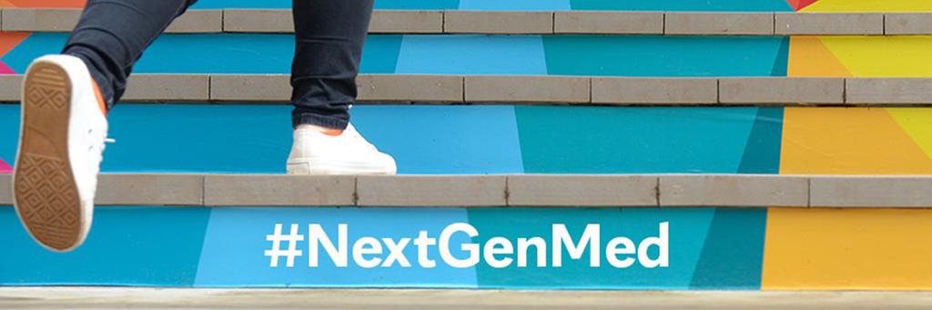 MCF #NextGenMed banner image of person running up teal stairs