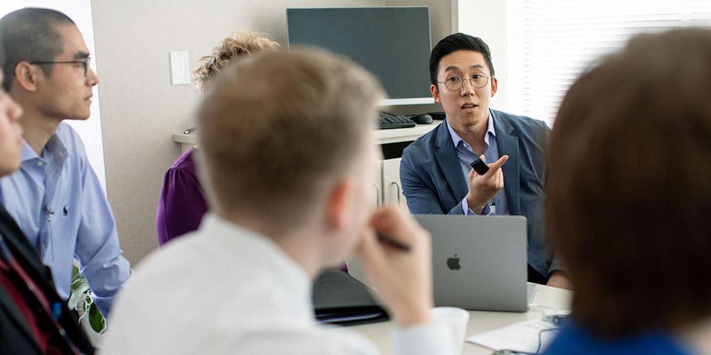 Adult Reconstructive Surgery, Upper Extremity (Shoulder and Elbow) fellows in a meeting at Mayo Clinic in Rochester, Minnesota.