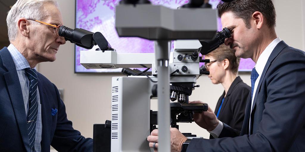 Three doctors are seated and looking through microscopes.