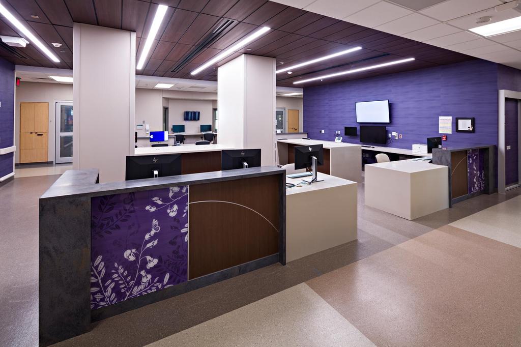 The desk area with the Critical Care Unit at Mayo Clinic Hospital in Arizona, in the West Expansion project.