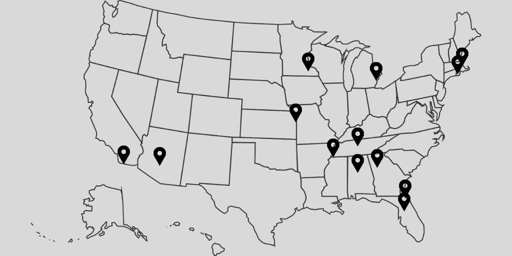 A map of the United States showing where graduates of the Cardiovascular Diseases Fellowship at Mayo Clinic in Jacksonville, Florida, have gone on to practice, teach, and conduct research across the United States.