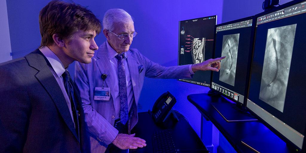 Physician and resident look at images on a computer at Mayo Clinic
