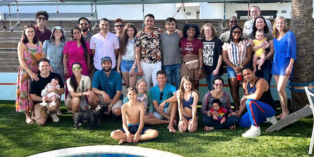 Residents gathered together at the pool for a family day.