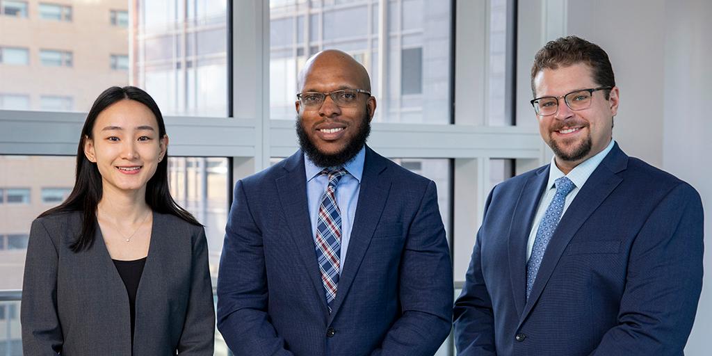 Group shot of 2024- 2025 senior residents Sharareh Fakhraei Xueyan Tang, Ph.D., Jay BrooksShaquan David, Ph.D., and Justine Dupere Zach Stottler, Ph.D.
