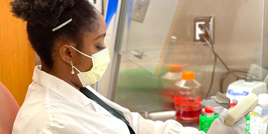 A Ph.D. student in a lab setting, working in a lab on research
