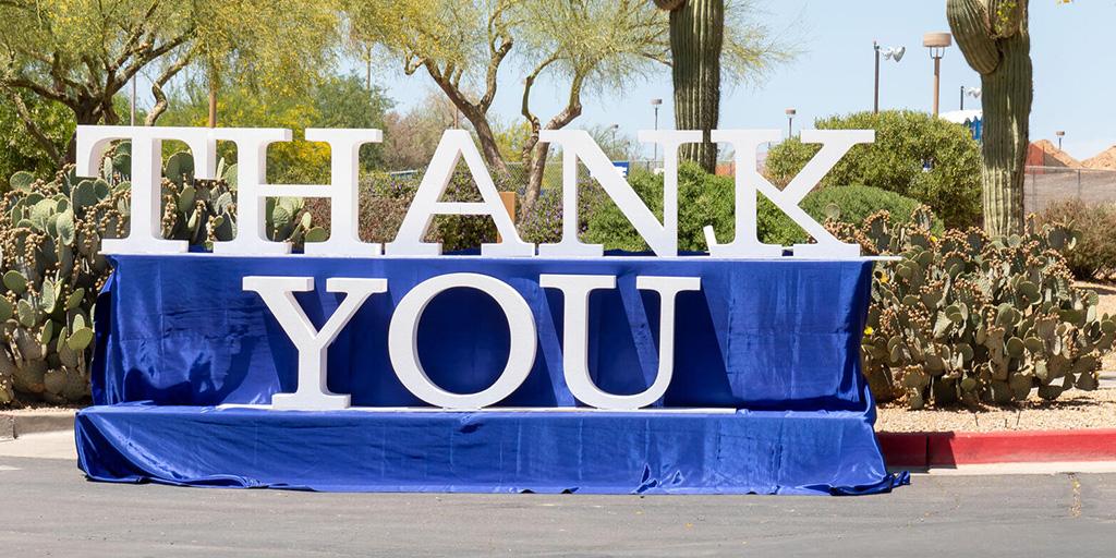Large thank you sign outside of Mayo Clinic
