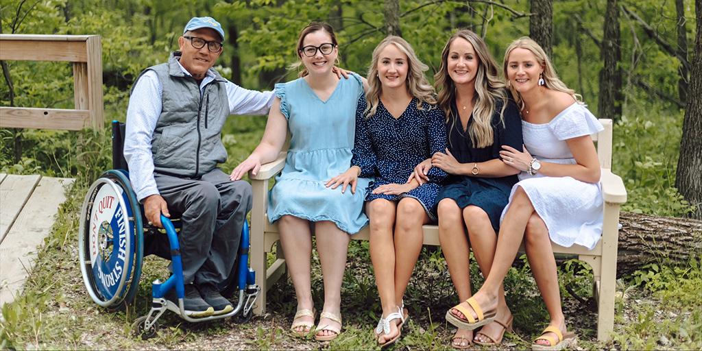 Bob Bardwell with daughters Hannah Christenson, D.P.T., Lydia Bardwell Speltz, Ph.D., Abby Bardwell, D.O., and Birdie Bardwell Koneczny, R.N., CRRN