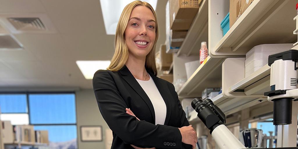 Emily Hardy, medical student researcher at Mayo Clinic, poses in the research lab