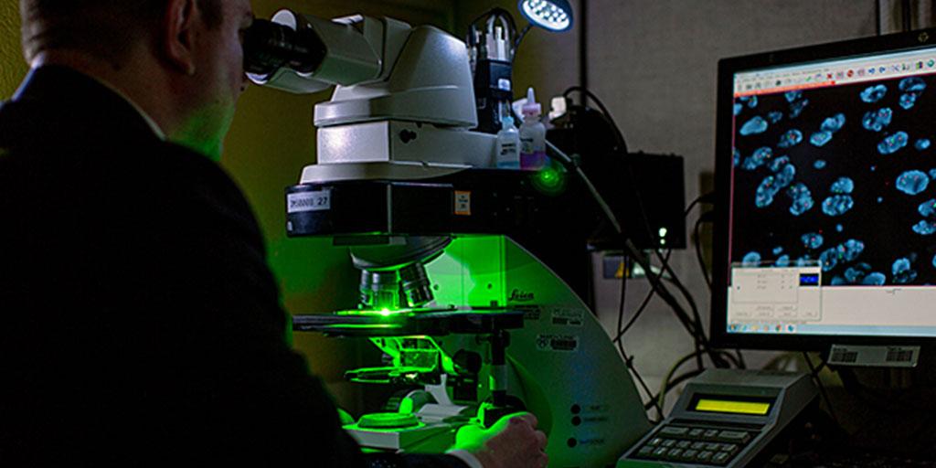 Cytogenetic technologists at Mayo Clinic perform FISH analysis by detecting fluorescent molecules embedded in the patient's DNA.