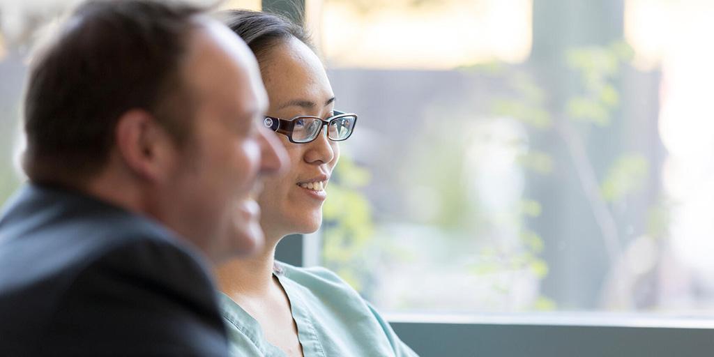 Close-up photo of two urology faculty members in a meeting at Mayo Clinic