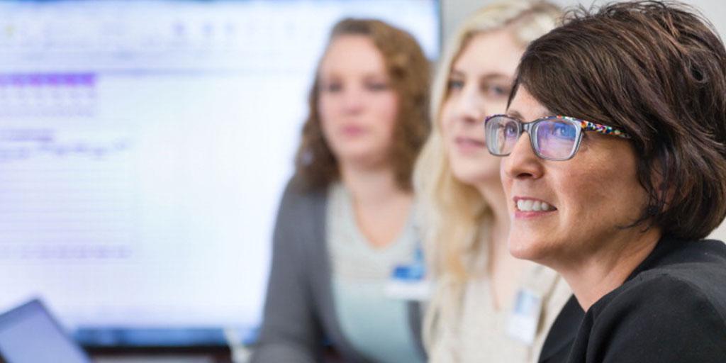 PGY-2 pharmacy residents in Ambulatory Care at Mayo Clinic sit together at a meeting at Mayo Clinic in Rochester, Minnesota.