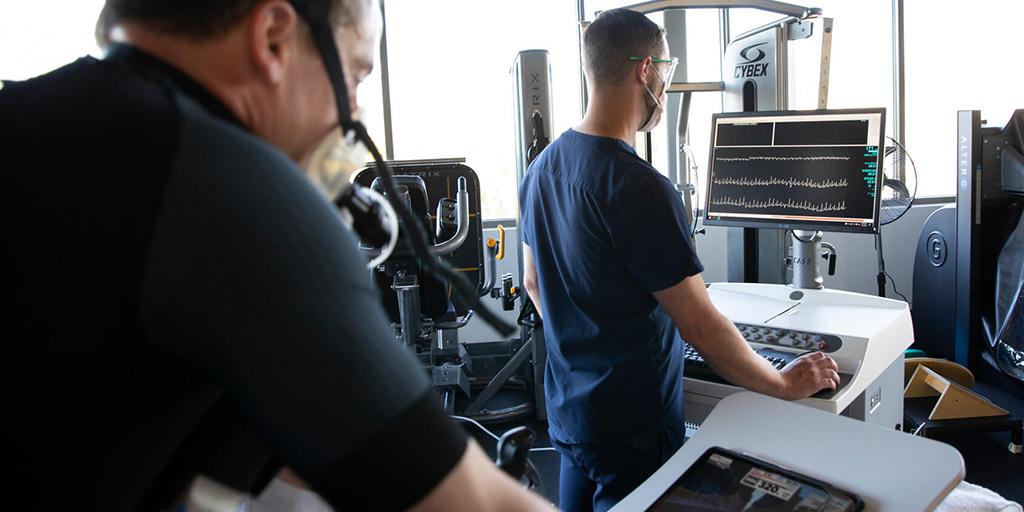 Sports Cardiology staff conduct metabolic physiology assessment during exercise.