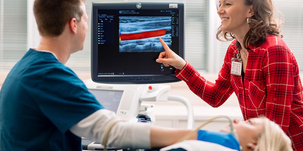 Faculty and sonography student looking at sonogram on the computer screen