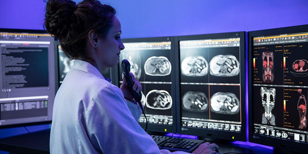 A body radiology trainee in the reading room at Mayo Clinic