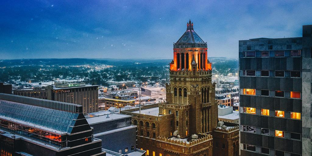 View of lights of the tower atop the Plummer at night.