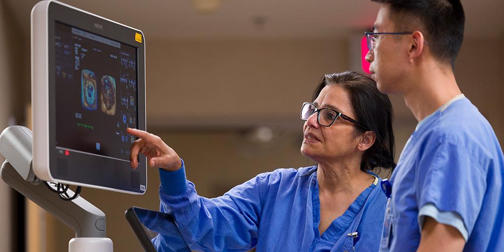 Two people from Cardiology, Echocardiology Fellowship in Arizona looking at screen