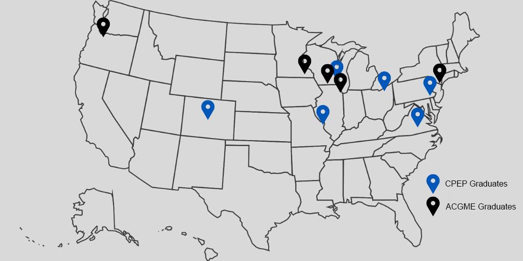 Map of destinations alumni of the Clinical Microbiology Postgraduate Fellowship have gone after graduating from the program.
