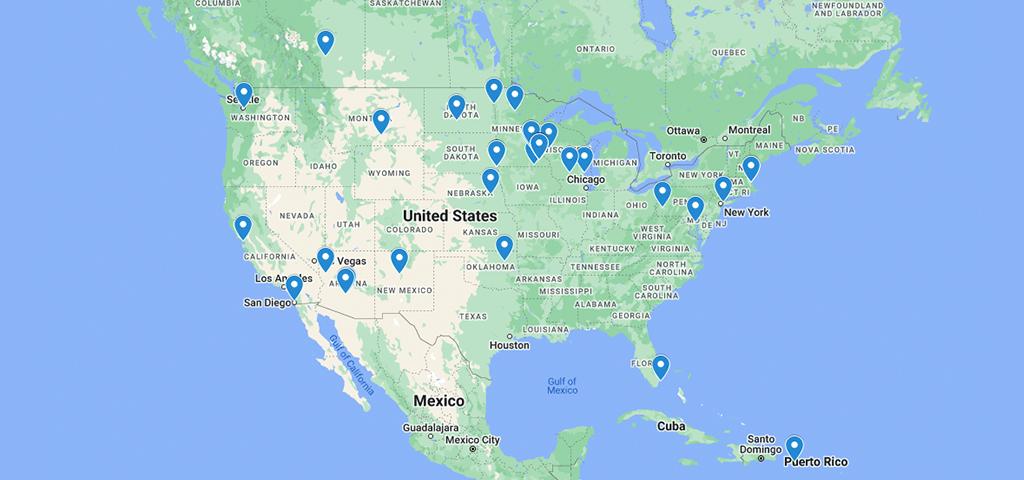 Map of the graduates from the Diagnostic Radiology Residency at Mayo Clinic in Rochester, Minnesota.