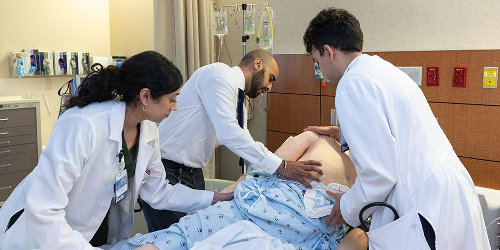 An internal medicine fellow and resident examine a medical training mannequin in a medical training room.
