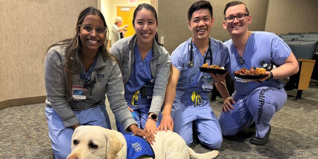 Drs. Chetram, Liu, Lay, and Dotzler visits with a Mayo Therapy Dog at noon conference.