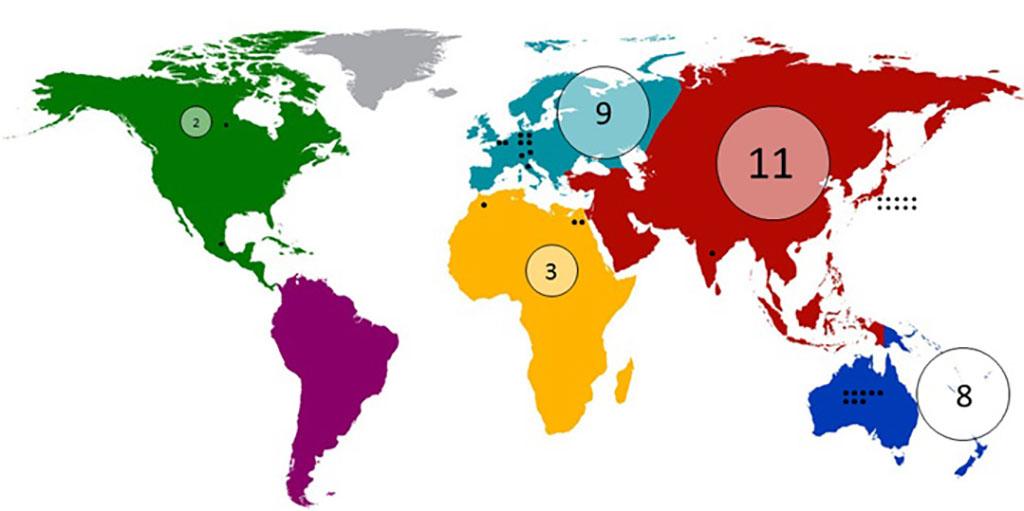 Map showing the demographic distribution of previous international fellows