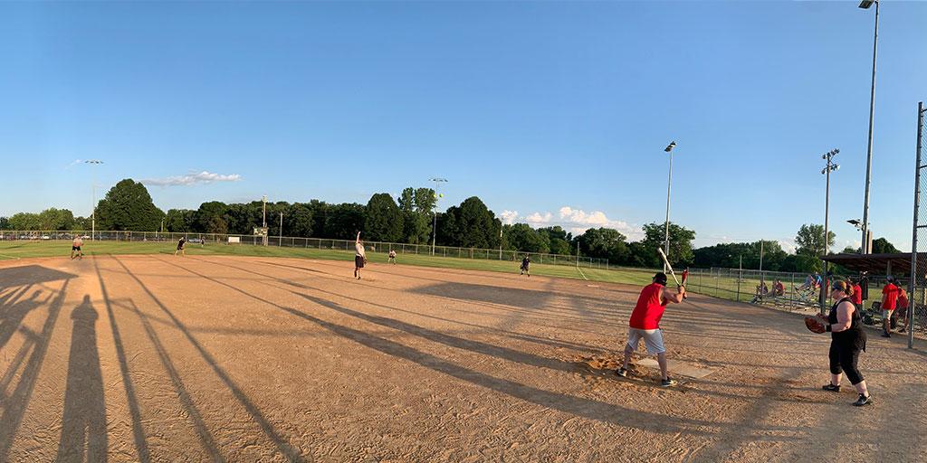 The neurosurgery resident and fellow softball team plays a game in Rochester, Minnesota.