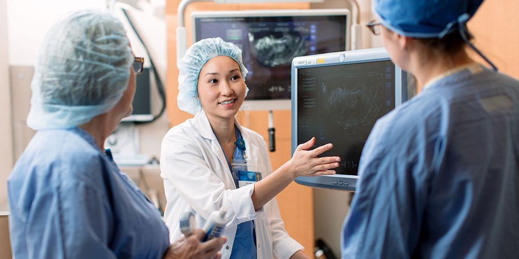 Renal transplant residents look at a scan together.