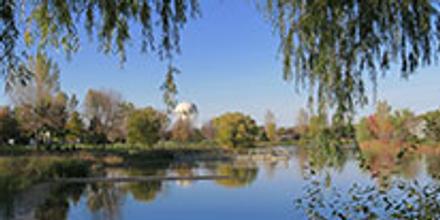 A white bridge in a park in Mankato, Minnesota.