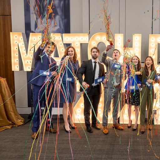 Fourth year medical students celebrate Match Day with silly string at Mayo Clinic Alix School of Medicine.