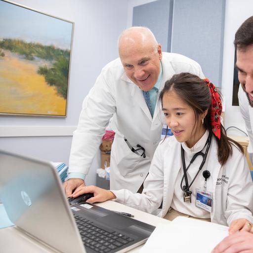 Medical students at Mayo Clinic Alix School of Medicine enjoy working with supportive faculty members. Pictured here, two faculty members are working with a medical student on a laptop computer.