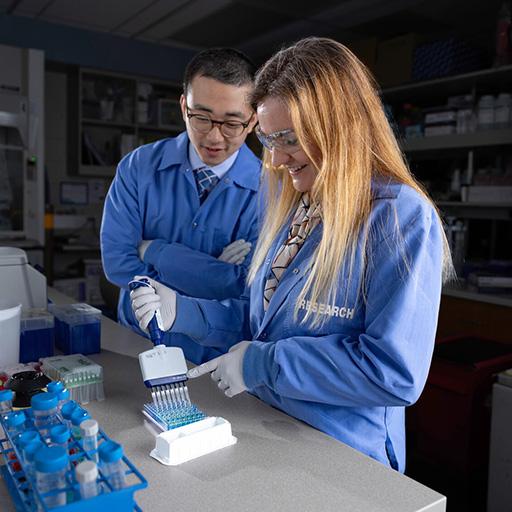 Harry Min, PhD, and Stephanie Oatman, PhD, Research Fellows, collaborating in the research lab