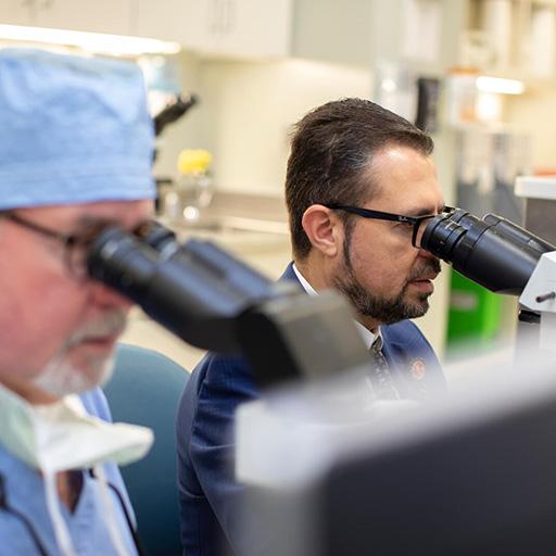 Two people from the Anatomic and Clinical Pathology Residency program at Mayo Clinic in Jacksonville, Florida, were in a lab sitting side by side using microscopes.