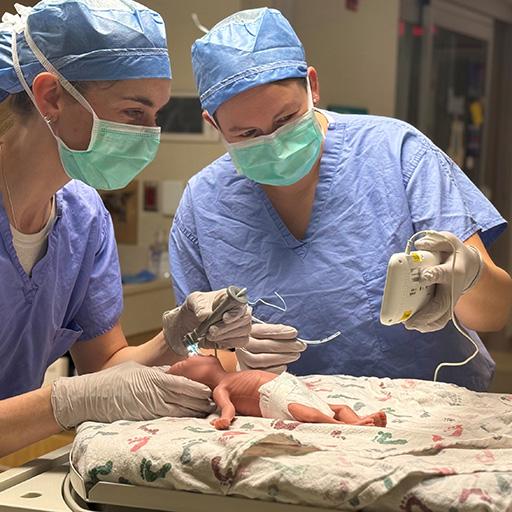 Two medical professionals examine a newborn baby in the NICU.