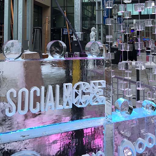 Outdoor photo of ice sculptures in a city center
