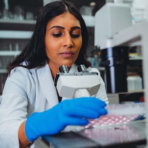 Saranya Wyles, M.D., Ph.D., looking at a microscope