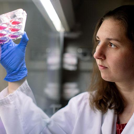 Female scientist holding up test samples and looking at them in a lab setting