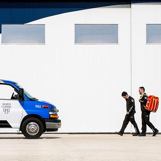 Mayo Clinic paramedics in emergency medicine walking to the ambulance