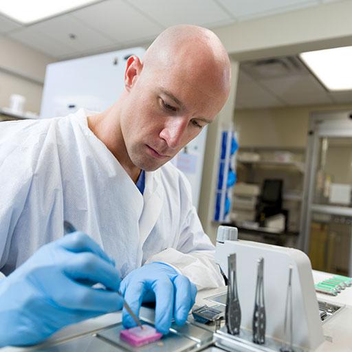 Histology technician working with tissue sample