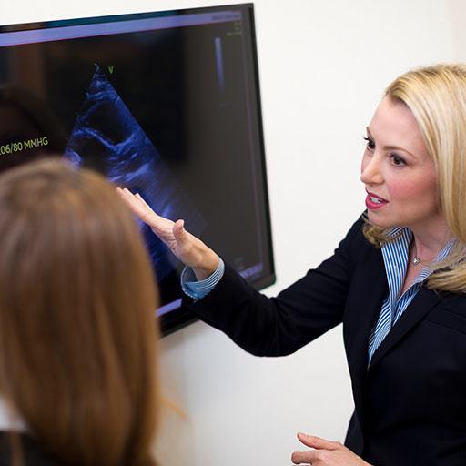 Woman explaining and pointing to something on a computer screen