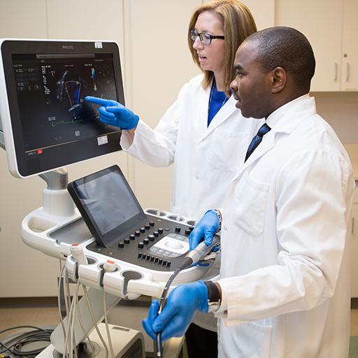 Cardiology fellows looking at computer screen