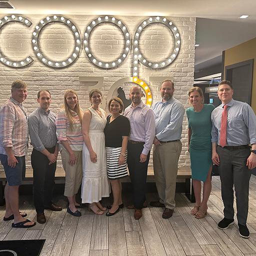 Cardiothoracic imaging members gathered at Coop 303 restaurant to celebrate the division's second fellow graduate. Photo (left-to-right): Rolf Grage, M.D., Matthew McCann, M.D. (2024 fellow), Patricia Mergo, M.D. (program director), Chanel Wood, M.D. (2023 fellow), Isabel Cortopassi, M.D., Justin Stowell, M.D. (associate program director), Andrew Bowman, M.D., Elizabeth Johnson, M.D., Brent Little