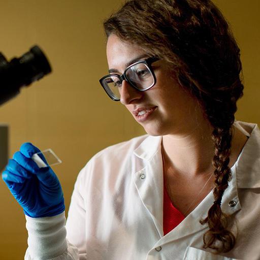 Pathologist examines a slide near a microscope in the lab at Mayo Clinic