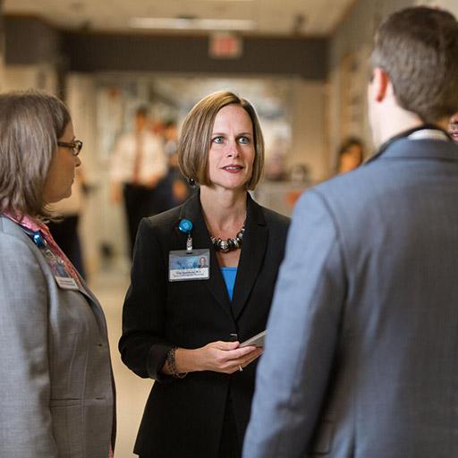 Gastroenterology fellows and faculty collaborating in the hallway at Mayo Clinic in Rochester, Minnesota.