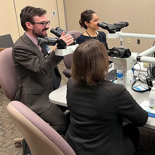 Group of fellows working with faculty in the Gynecologic Pathology Fellowship